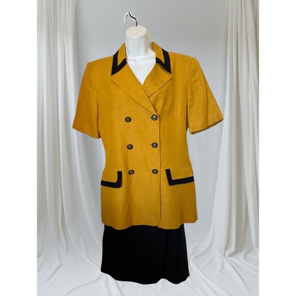Vintage Oleg Cassini Mustard & Black Linen Double-Breasted Skirt Suit Set - Picture 1 of 9